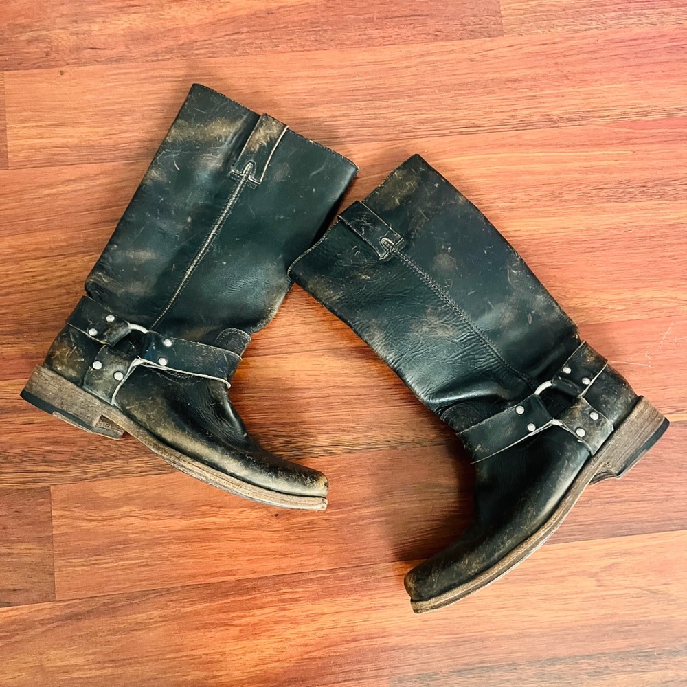 Black & brown distressed Leather harness Boots with flatter heel